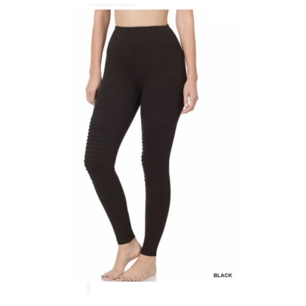 Plus Size Full Length WIDE WAISTBAND MOTO LEGGINGS BLACK